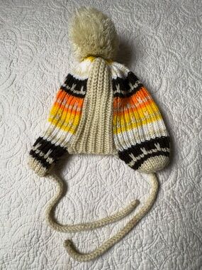 Vintage Knit Earflap Pom Pom Hat in Cream with Yellow & Orange Stripes